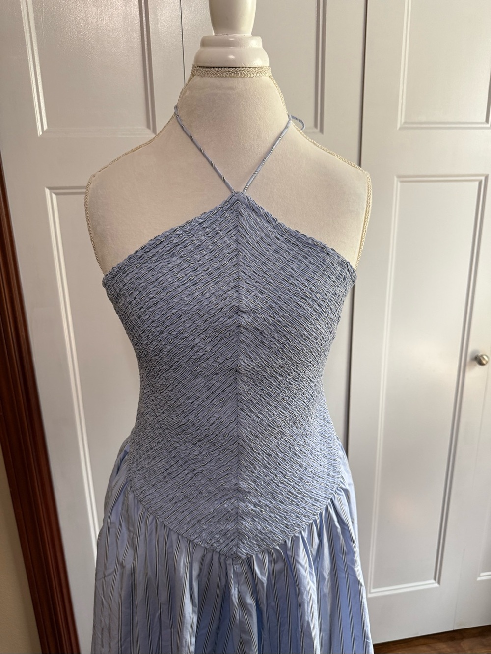 J. Crew Light Blue Halter Smocked Midi Dress in Stripe M - Picture 6 of 14